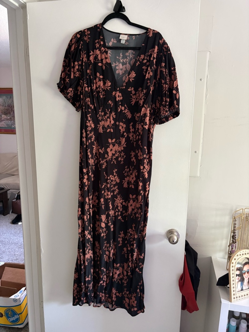 a new day Black Maxi Dress with Pink Floral Print and Puff Sleeves - Picture 2 of 4